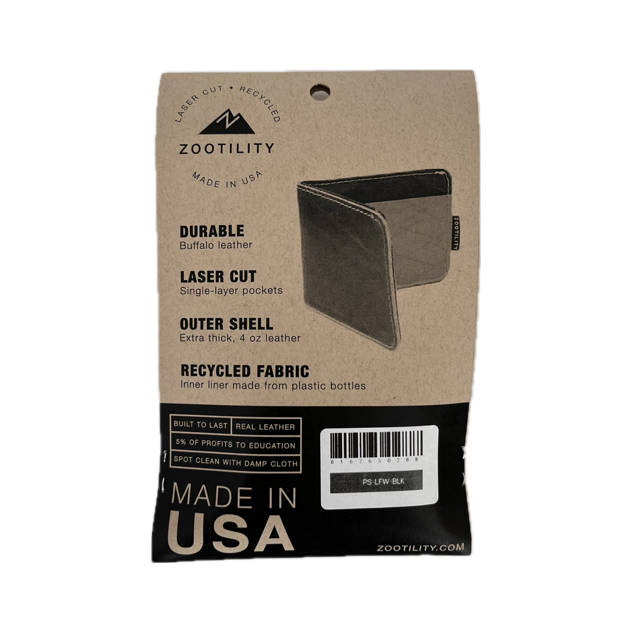 Packaging back for Premium Billfold Wallet - RFID Blocking - Made In USA - Real Leather
