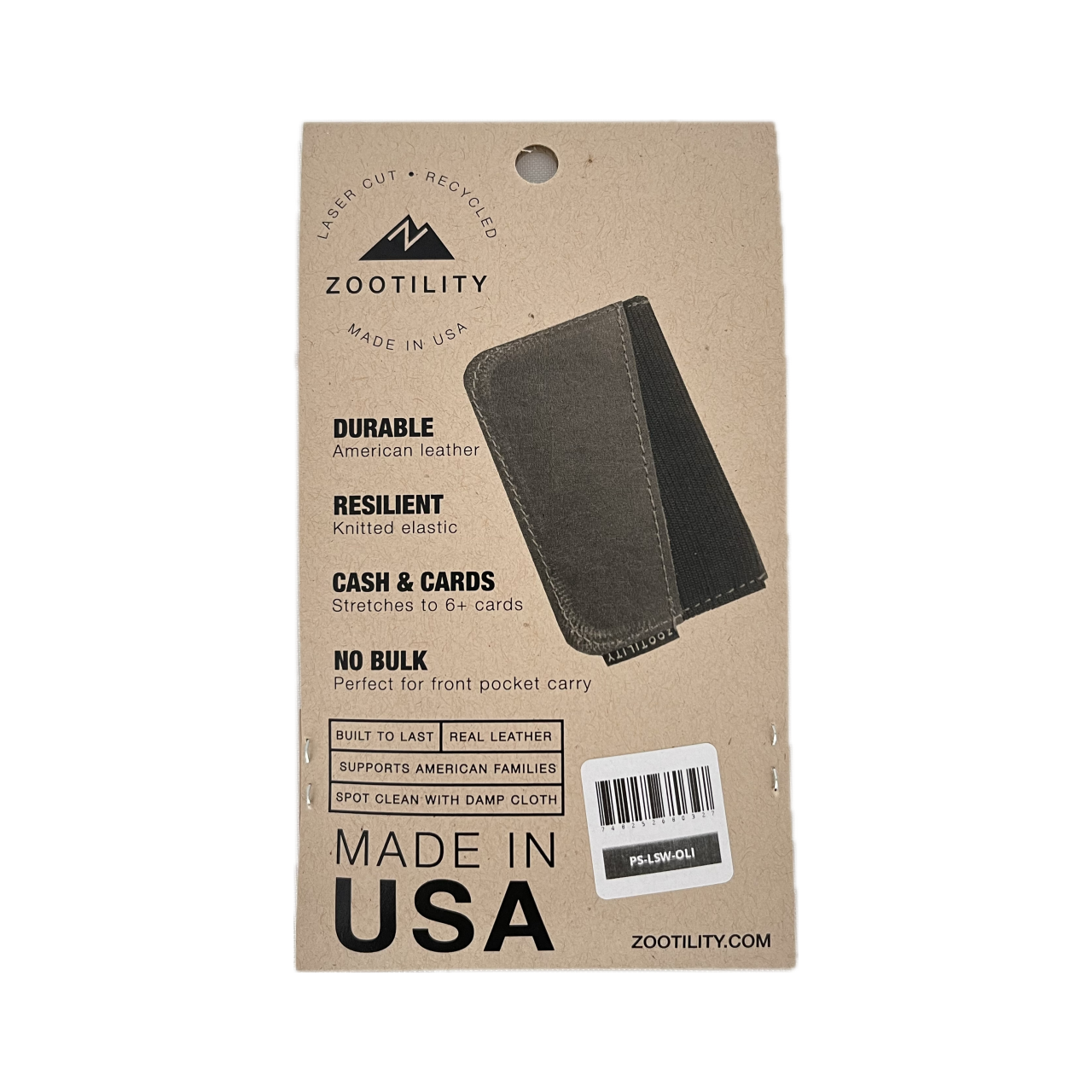 Packaging back of Minimalist Card Holder Wallet - Real leather - stretches to hold up to 6 cards and cash - Made In USA