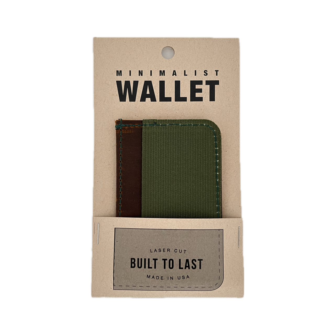 Packaging front of Minimalist Card Holder Wallet - Real leather - stretches to hold up to 6 cards and cash - Made In USA