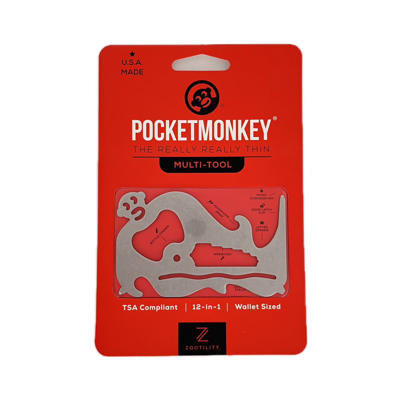 Packaging front of PocketMonkey (stenciled) Multi-tool - 12 tools in 1 Card - TSA Compliant - Fits in your wallet - Stainless Steel - Made In USA