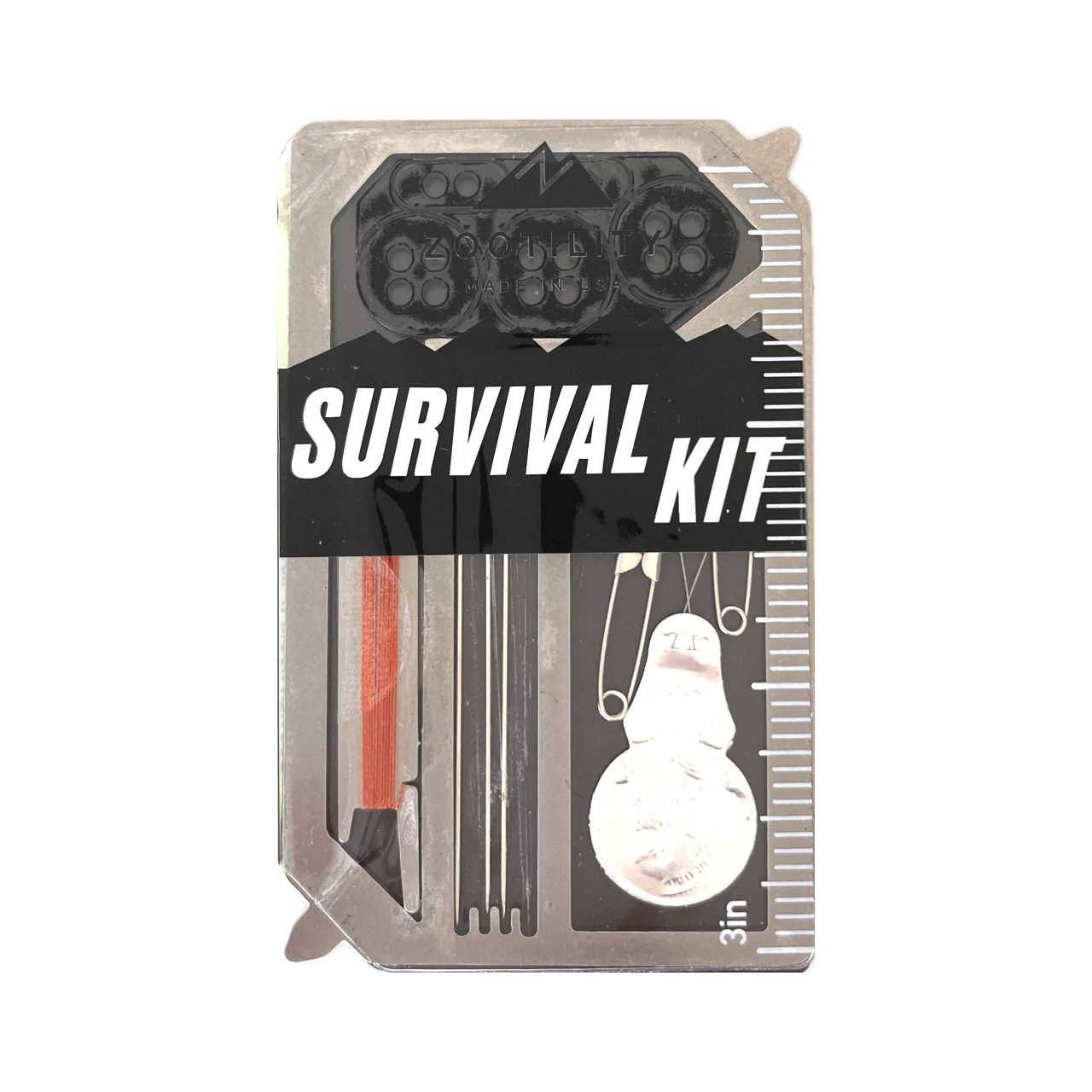 Sewing Survival Kit product image of front, showing needles, thread, replacement buttons, threading tool, safety pins, screwdrivers, and ruler.