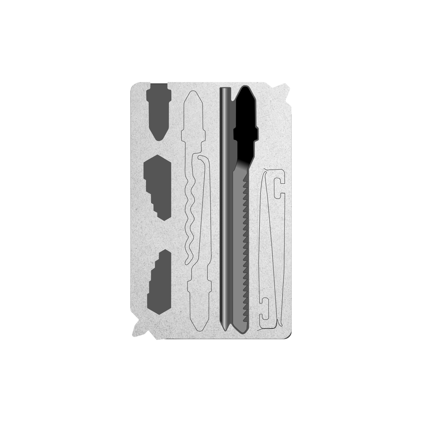 Urban Survival Kit product render, showing lock pick, metal cutting saw blade, ballpoint pen, tweezers, hex wrenches, and screw drivers.