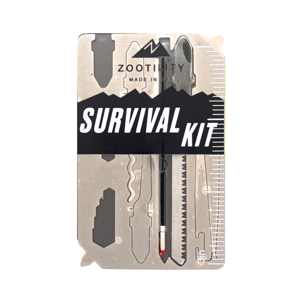 Urban Survival Kit product front, showing lock pick, metal cutting saw blade, ballpoint pen, tweezers, hex wrenches, screw drivers, and ruler.