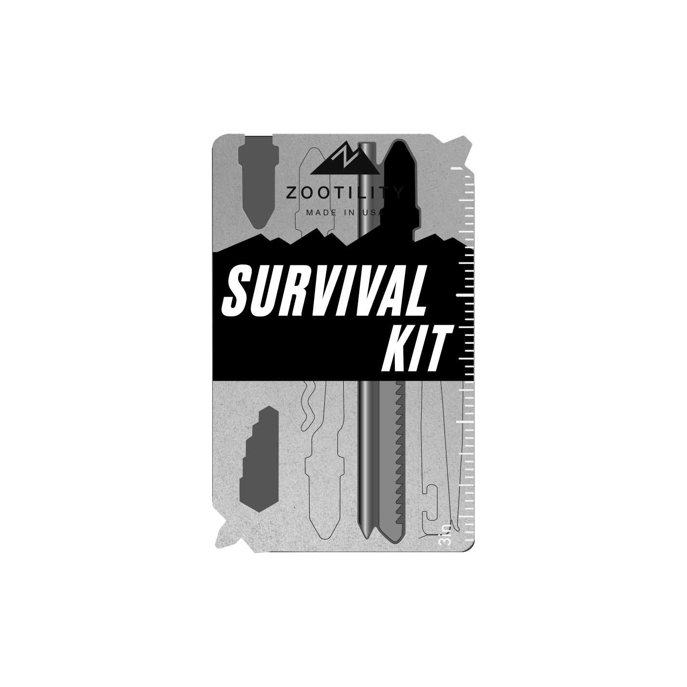 Urban Survival Kit product render with sticker on front, showing lock pick, metal cutting saw blade, ballpoint pen, tweezers, hex wrenches, screw drivers, and ruler.