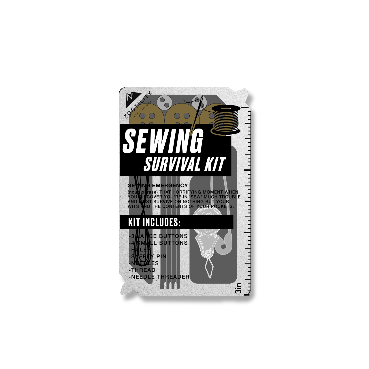 Sewing Survival Kit rendered image of front, showing needles, thread, replacement buttons, threading tool, safety pins, screwdrivers, and ruler.