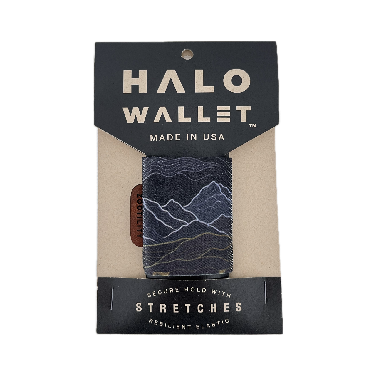 Packaging front of Minimalist Halo Wallet - durable elastic stretches to hold up to 12 cards and cash - Made In USA