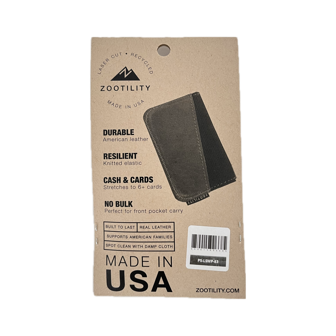 Packaging back of Minimalist Card Holder Wallet - Stretches to hold up to 6 cards and cash - Real Leather - Made In USA