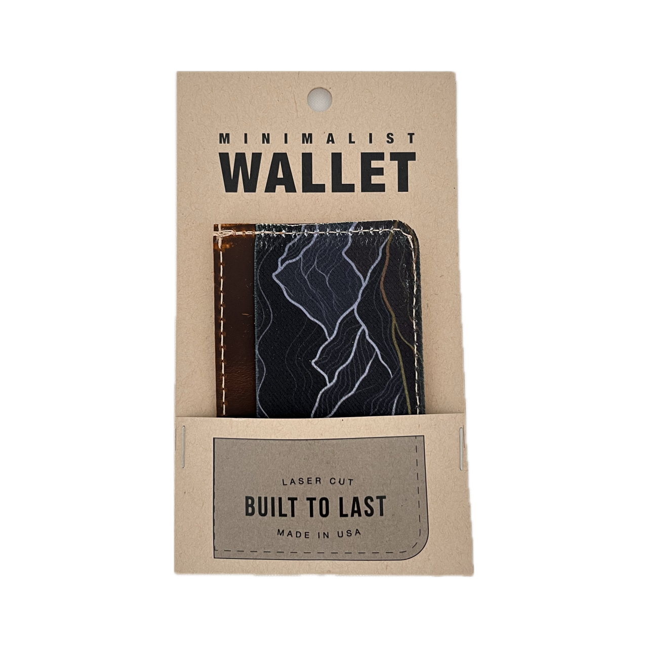 Packaging front of Minimalist Card Holder Wallet - Stretches to hold up to 6 cards and cash - Real Leather - Made In USA