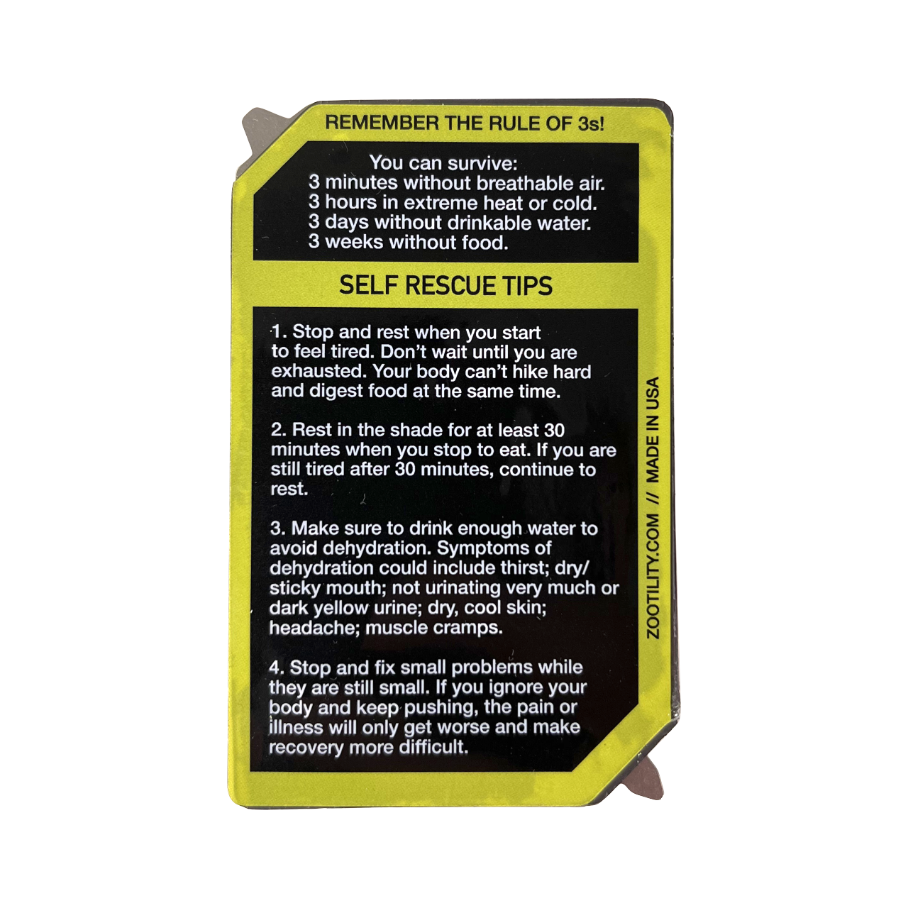 Fishing Survival Kit product image of back, showing Self Rescue Tips and the Rule of 3s.