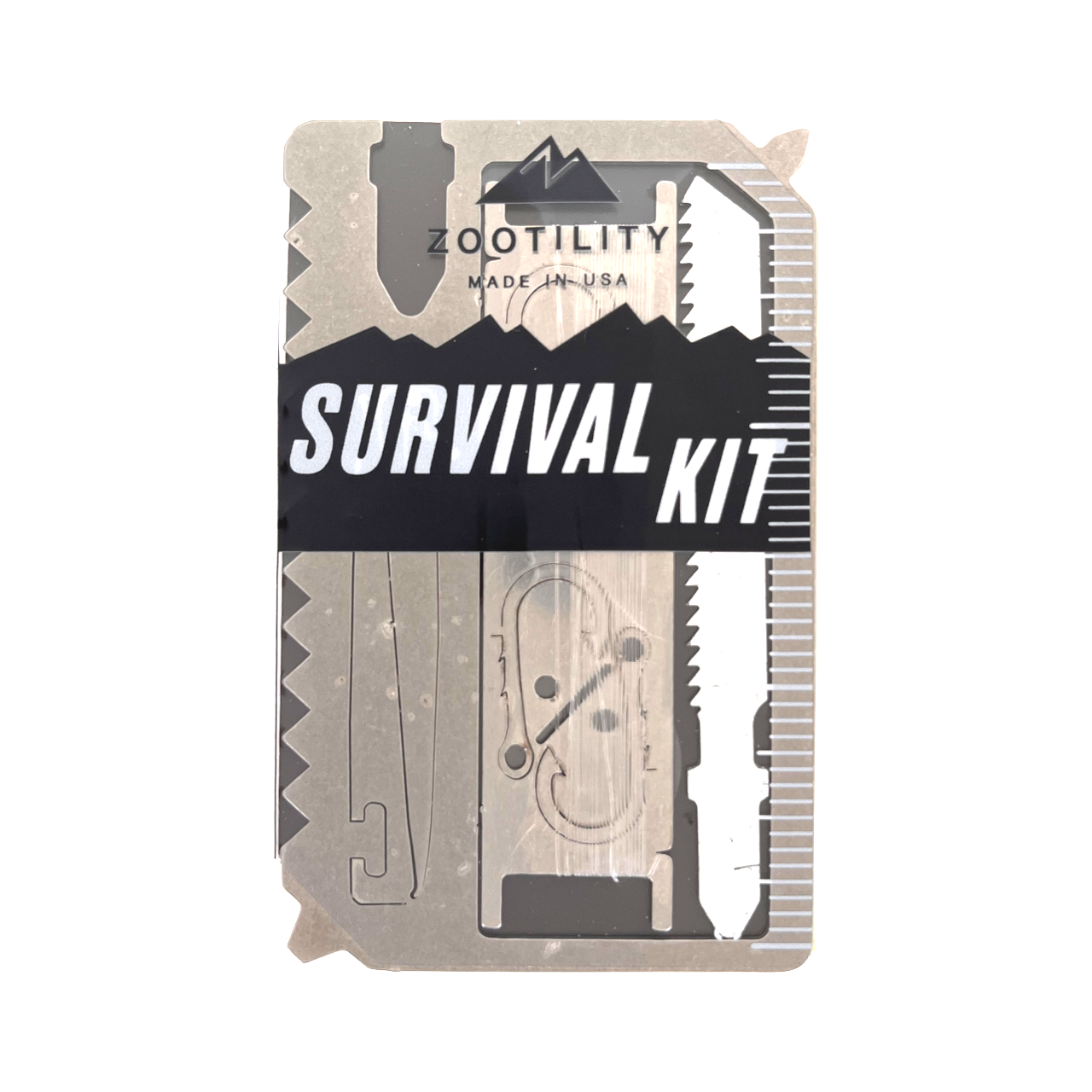 Fishing Survival Kit product image of front, showing hooks, fishing line, saw blade, tweezers, fish de-scaling tool, screwdrivers, and ruler.