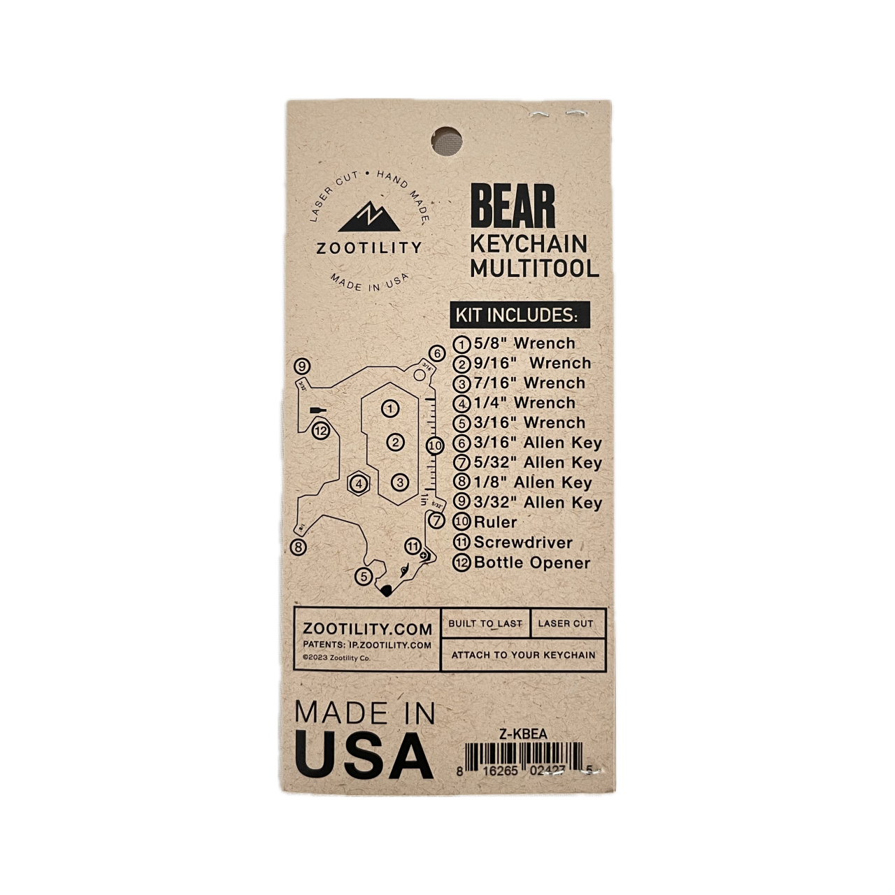 Packaging back of Bear Key Multi-tool - 9 tools in 1 Keychain - Stainless Steel - Made In USA