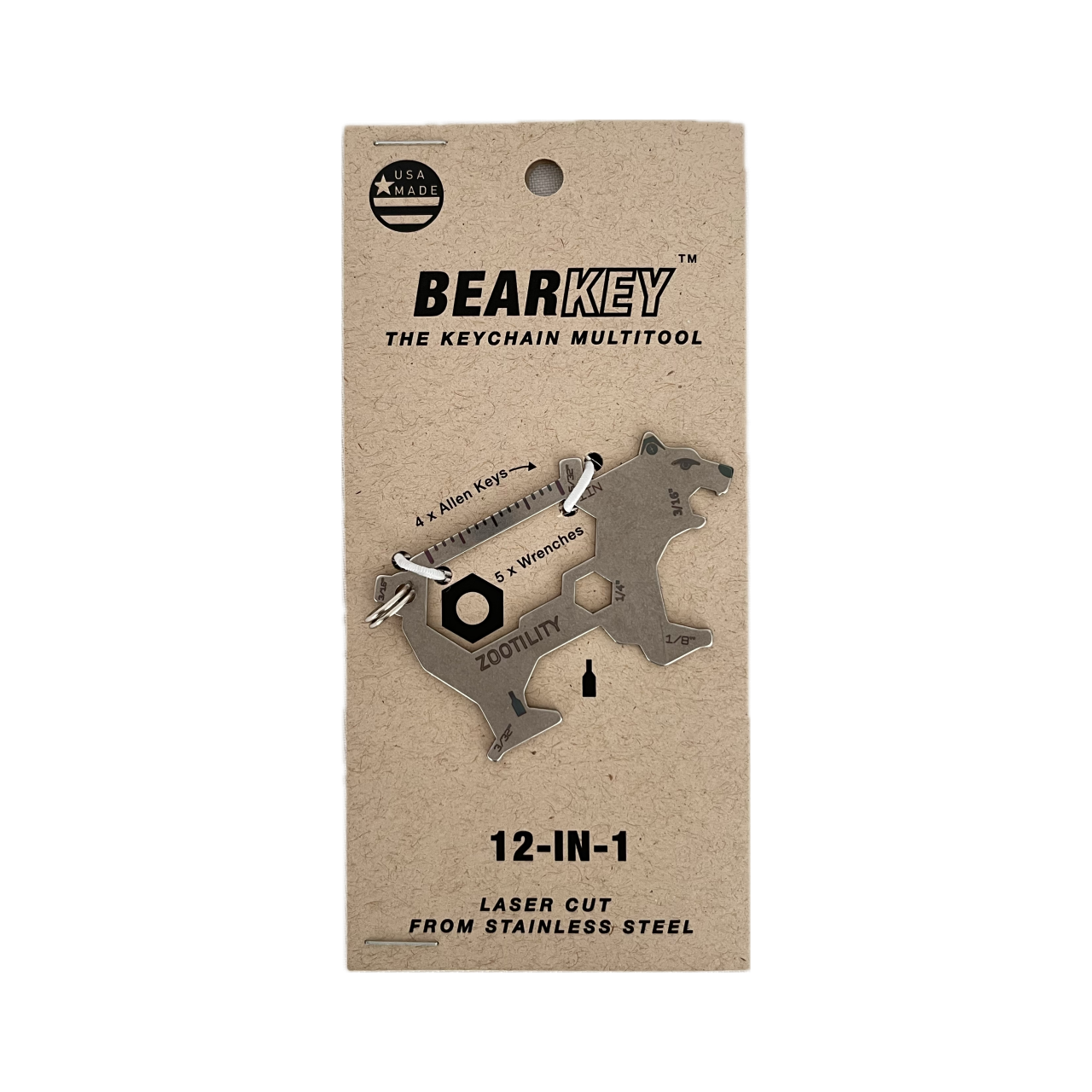 Packaging front of Bear Key Multi-tool - 9 tools in 1 Keychain - Stainless Steel - Made In USA