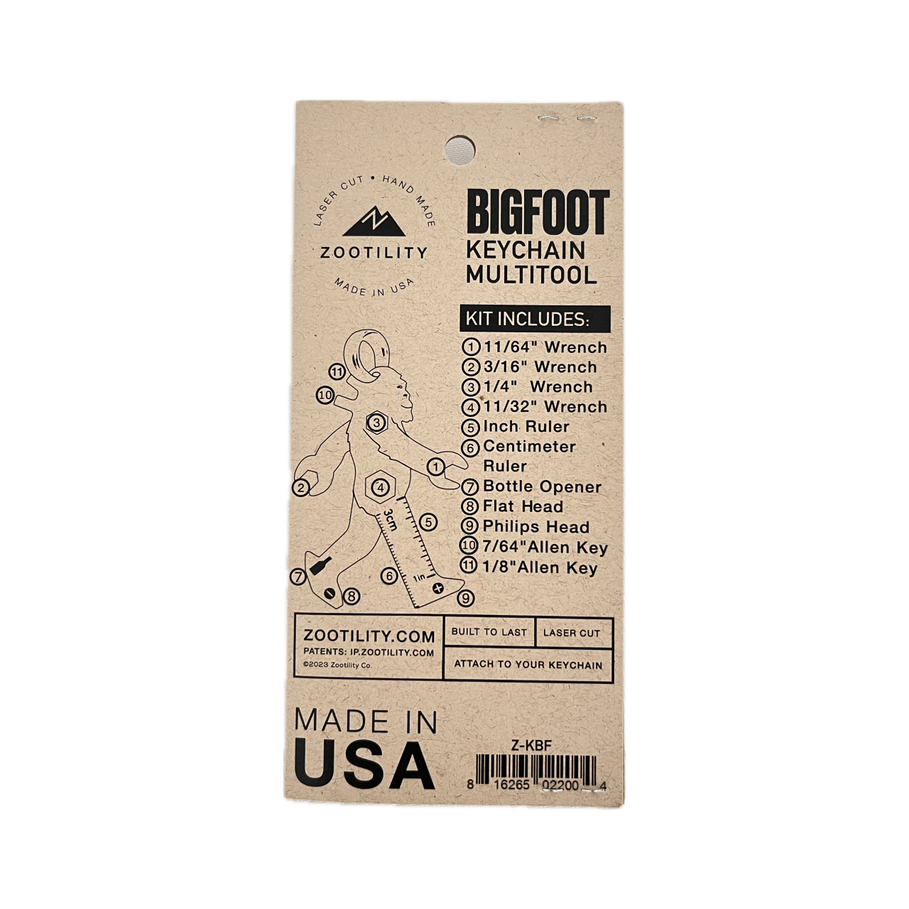 Packaging back of Bigfoot Keychain Multi-tool - 11 tools in 1 Keychain - Stainless Steel - Made In USA