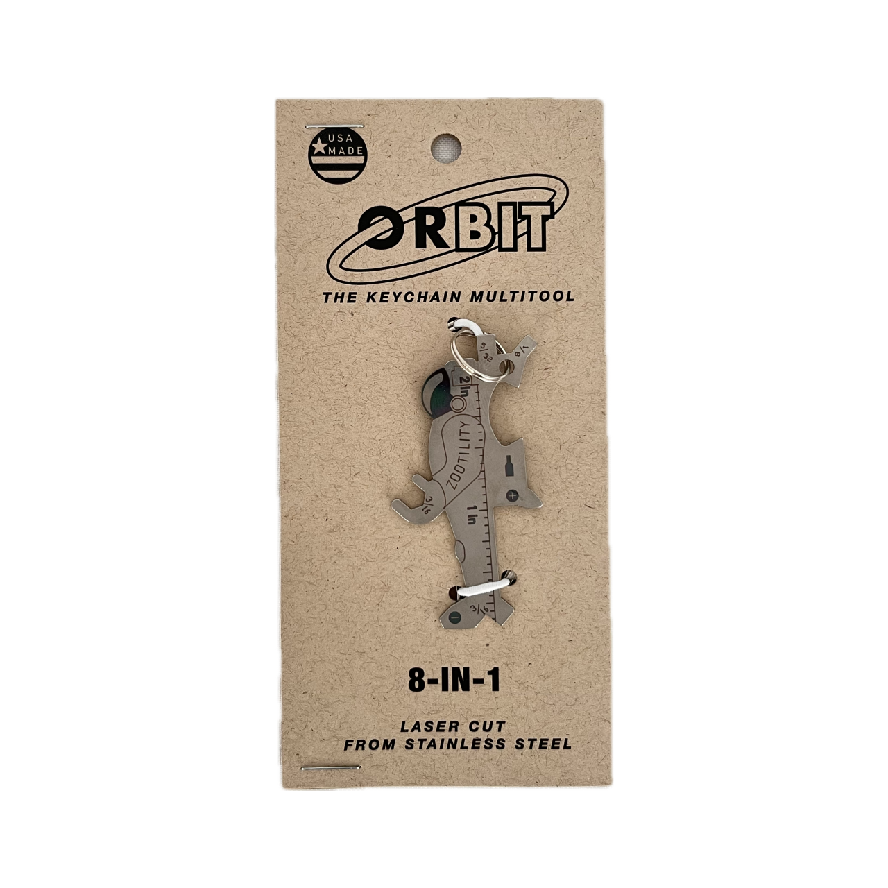 Packaging front of Orbit Keychain Multi-tool - 8 tools in 1 Keychain - Stainless Steel - Made In USA